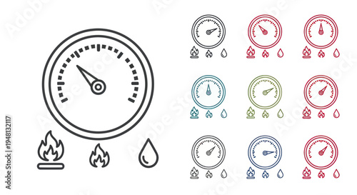 Black Outline Pressure Gauge with Flame and Water Drop Icons.