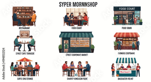 Diverse Food Establishments: Cafes, Restaurants, Markets, and Food Courts