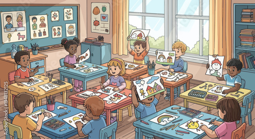 Children Drawing and Painting in Art Class, Creative Kindergarten Activities