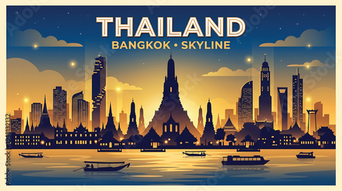 Vibrant Bangkok cityscape at sunset, Thailand skyline with boats on river and temple silhouette.