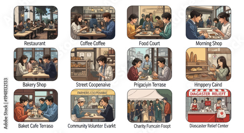 People Dining and Socializing in Various Casual Food Establishments