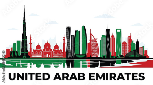 Vibrant cityscape of United Arab Emirates with iconic skyline, modern architecture, and national flag colors.