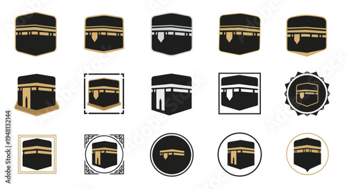 Collection of Kaaba icons and illustrations representing Islamic pilgrimage.