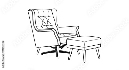 Line art illustration of a comfortable armchair with matching ottoman