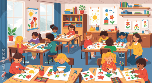 Children's Art Class: Diverse kids drawing and painting in a bright, cheerful classroom.