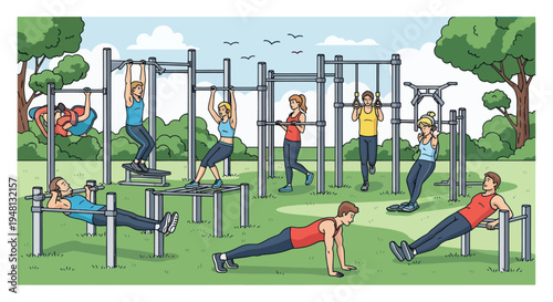 Outdoor Fitness Park: Diverse Group Exercising on Modern Street Workout Equipment