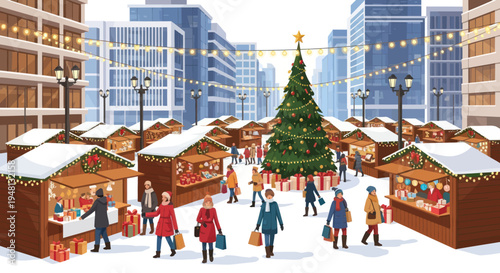 Christmas Market Scene with Decorated Tree and Stalls in Snowy City Square