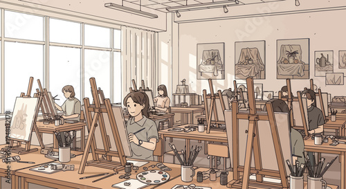 Art Class Scene: Students Painting and Drawing at Easels in a Bright Studio