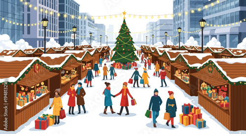 Christmas Market Scene with People, Stalls, and Decorated Tree in Snowy City