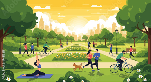 Vibrant City Park Scene: People Enjoying Outdoor Activities at Sunrise