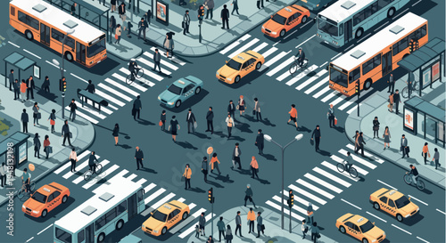 Busy City Intersection with Pedestrians and Traffic