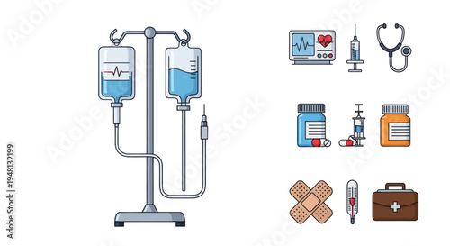 Collection of medical equipment and supplies icons including IV drip stethoscope syringe and first aid kit.