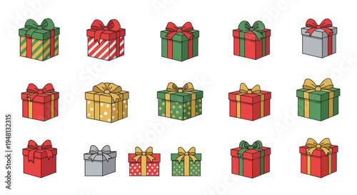 Assortment of colorful wrapped gift boxes with ribbons and bows.