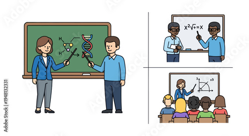 Teachers Explaining Science and Math Concepts on Chalkboards.