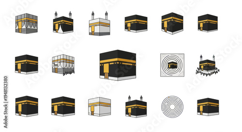 Collection of Kabah Illustrations: Islamic Holy Site in Mecca Saudi Arabia.