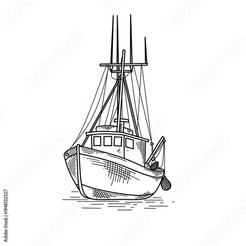 hand drawn modern fishing boat at sea line art vector illustration