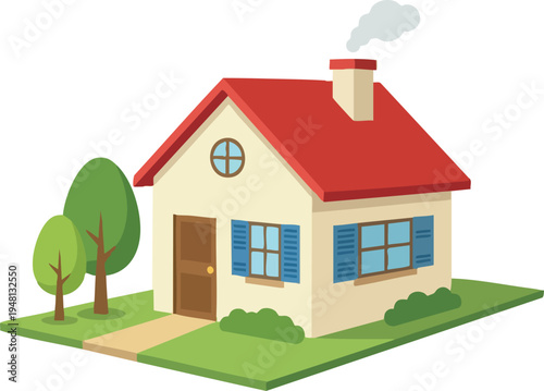 Cozy Small House Illustration with Red Roof and Chimney