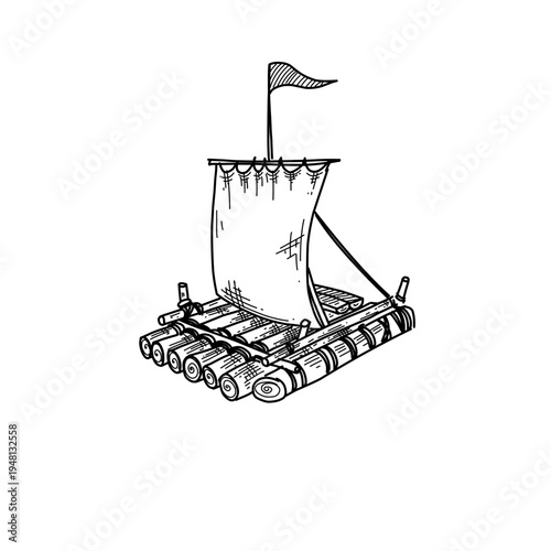 hand drawn simple wooden raft on water line art vector illustration