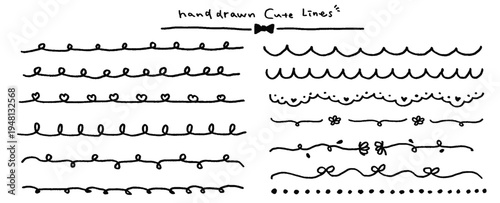 螺旋や波線のストロークラインセット。ハイライトや見出し、下線のための手書きの装飾線。かわいい線のベクター素材。黒色。