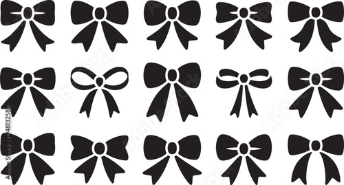 Collection of fifteen black silhouette bow tie on a white background ribbon gift