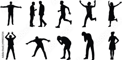 Collection of people silhouettes in diverse poses including running, celebrating, dancing, and gesturing for lifestyle, emotion, and action design elements.