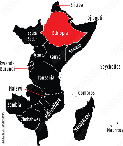 Ethiopia Highlighted on East Africa Region Map with Label, Editable Vector