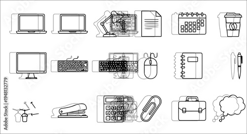 Professional set of business office icons and web symbols featuring computer laptop phone calendar and document file vector illustrations for internet and money design