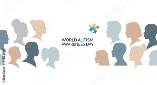 World autism awareness day illustration featuring diverse silhouettes and puzzle pieces