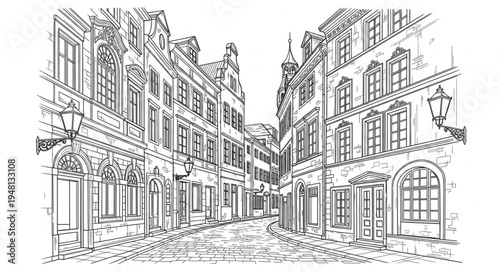 Detailed Sketch of a European City Street with Historic Buildings.