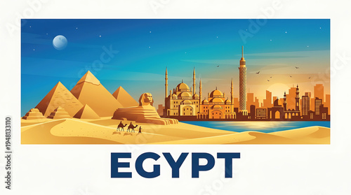 Egyptian landscape with pyramids, cityscape, and desert, travel and tourism concept.