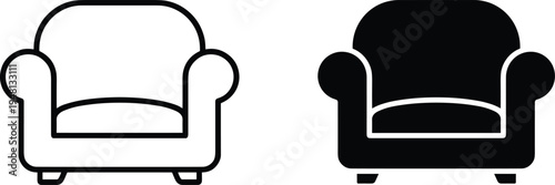 Minimalist vector illustration of two stylized armchair icons, one outlined and one solid, representing furniture, seating, interior design, and modern user interface graphics.