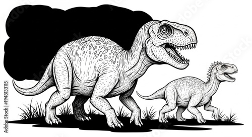 Tyrannosaurus Rex Family - A Mother and Her Young in Pursuit.