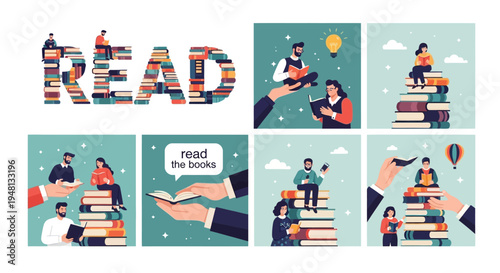 Illustrative collage depicting people reading and interacting with books