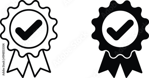 Vector illustration of two stylized award ribbon icons, one outlined and one solid, symbolizing certification, achievement, approval, quality assurance, and recognition design elements.