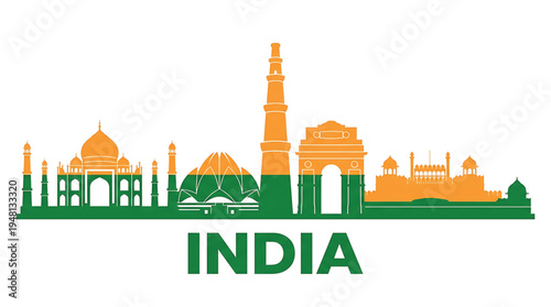 Vibrant Indian cityscape silhouette with iconic landmarks and 'INDIA' text in green, symbolizing travel and culture