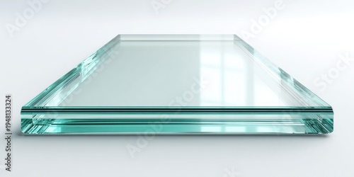 Clear glass sheet with polished edges on a white background, showcasing transparency and reflection