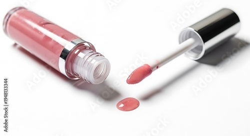 Pink lip gloss tube and applicator with spilled liquid on white.