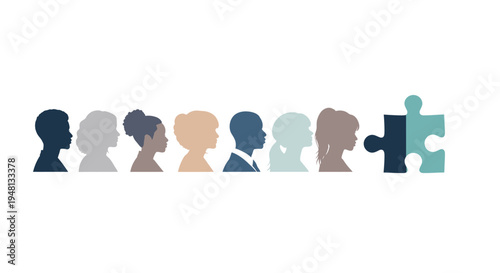 Diverse group of people represented as silhouettes with a missing puzzle piece
