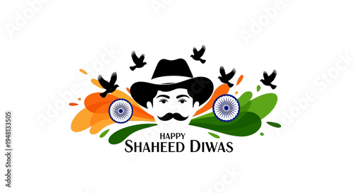 Illustration of a patriotic silhouette character paying tribute to Bhagat Singh on Shaheed Diwas with Indian flag colors and birds in a vector graphic design