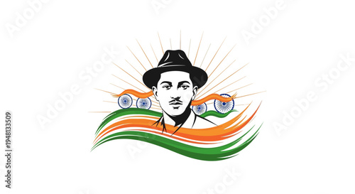 Illustration of a patriotic silhouette character paying tribute to Bhagat Singh on Shaheed Diwas with a stylized Indian flag design