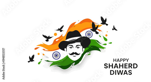 Illustration of a patriotic silhouette character paying tribute to Bhagat Singh on Shaheed Diwas with Indian flag colors and birds