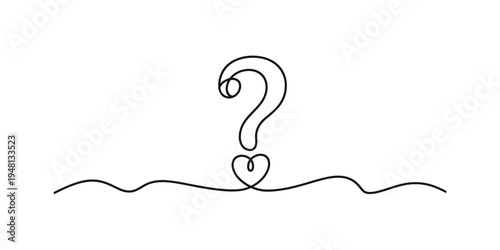 Continuous line drawing of a question mark above a heart symbol on a white background