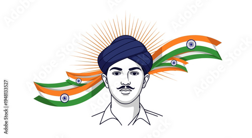 Illustration of a patriotic Indian man wearing a blue turban with the Indian flag flowing behind him in a vibrant, symbolic tribute to Shaheed Diwas or Martyrs Day
