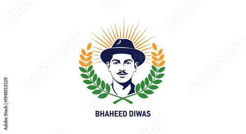 Illustration of a patriotic silhouette character paying tribute to Bhagat Singh on Shaheed Diwas with a flag of India, rendered in a vector style with bold lines and vibrant colors