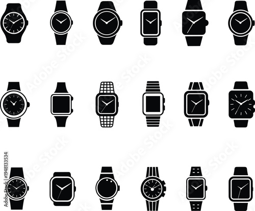 Collection of smartwatch and wristwatch icons with different watch faces and bands, wearable technology devices set representing digital timekeeping, fitness tracking and modern gadgets