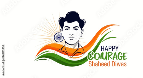 Illustration of a young Indian man with a patriotic message celebrating Shaheed Diwas with a courageous theme and Indian flag colors