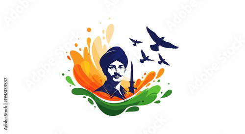 Illustration of a patriotic silhouette character paying tribute to Bhagat Singh on Shaheed Diwas with a flag of India, birds, and vibrant paint splashes