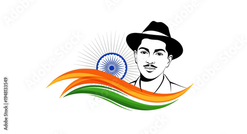 Illustration of a patriotic character in black and white with the Indian flag and a blue wheel design on a white background, symbolizing Shaheed Diwas or Martyrs Day in India