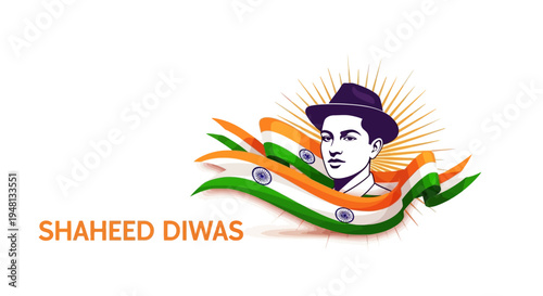 Illustration of a patriotic silhouette character paying tribute to Bhagat Singh on Shaheed Diwas with the Indian flag, conveying a sense of national pride and Martyrs Day significance