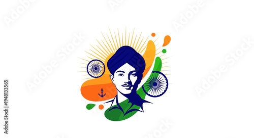 Illustration of a patriotic character with a flag and sunburst, symbolizing Shaheed Diwas or Martyrs Day in India with a vibrant and inspirational mood